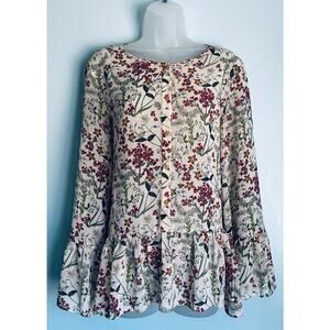 Max Studio Floral Peplum Blouse L Boho Bell Sleeve Cream Lightweight Top